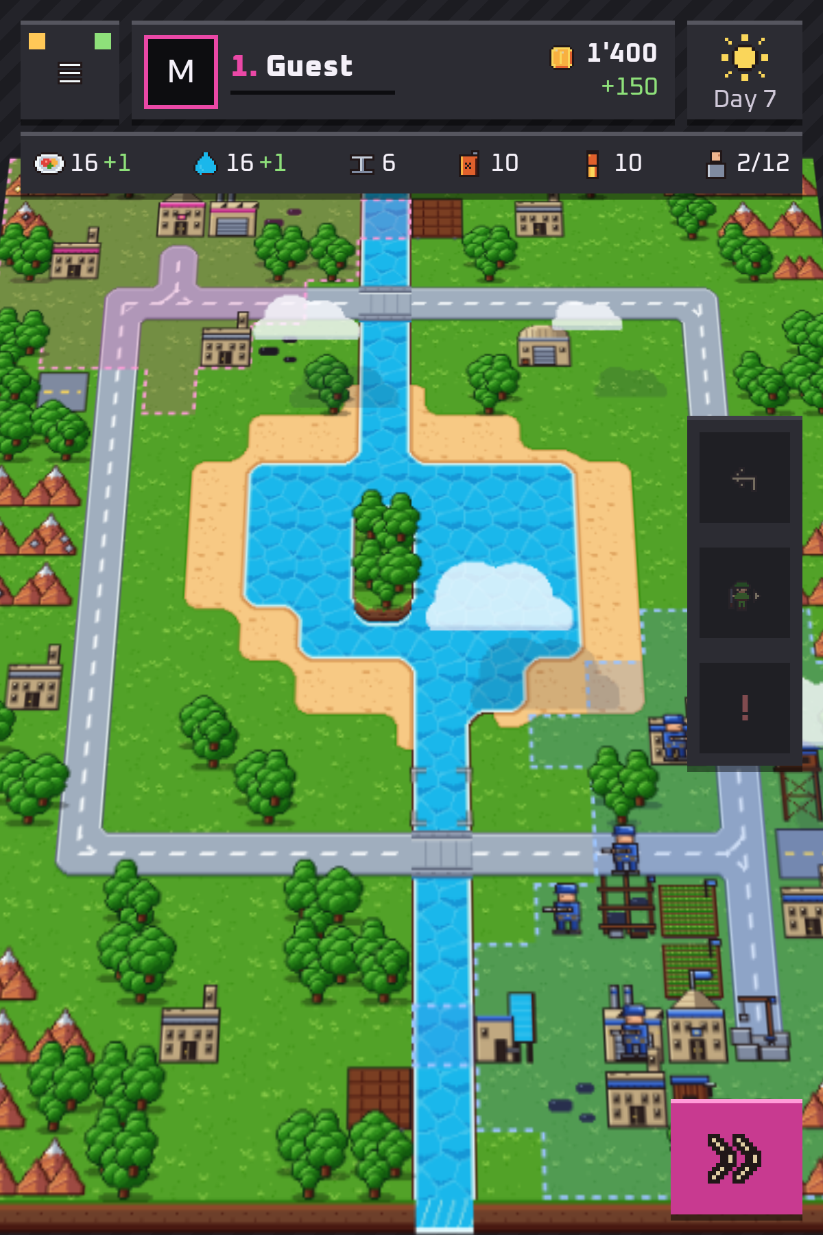 The battle board on a phone: a river valley with roads, forests, towns and an army in blue